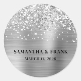 Glittery Silver Foil Glam Wedding Runder Aufkleber