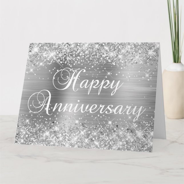 Glittery Silver Foil Happy Jubiläum Karte (Vorderseite)