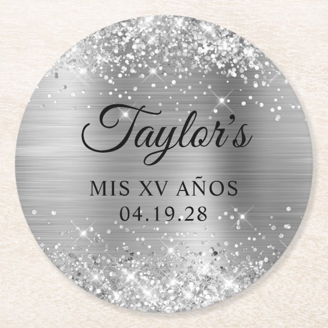 Glittery Silver Foil Mis XV Anos Runder Pappuntersetzer (Vorderseite)