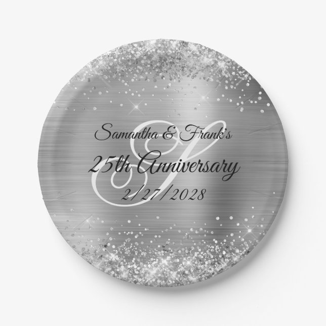 Glittery Silver Foil Mit Monogramm 25 Jahre Pappteller (Vorderseite)