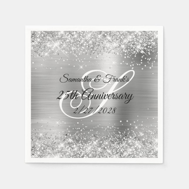 Glittery Silver Foil Mit Monogramm 25 Jahre Serviette (Vorderseite)