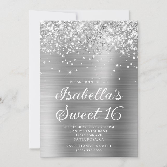 Glittery Silver Foil Sweet 16 Foto Einladung (Vorderseite)