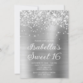 Glittery Silver Foil Sweet 16 Foto Einladung