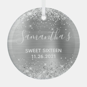 Glittery Silver Foil Sweet 16 Ornament Aus Glas