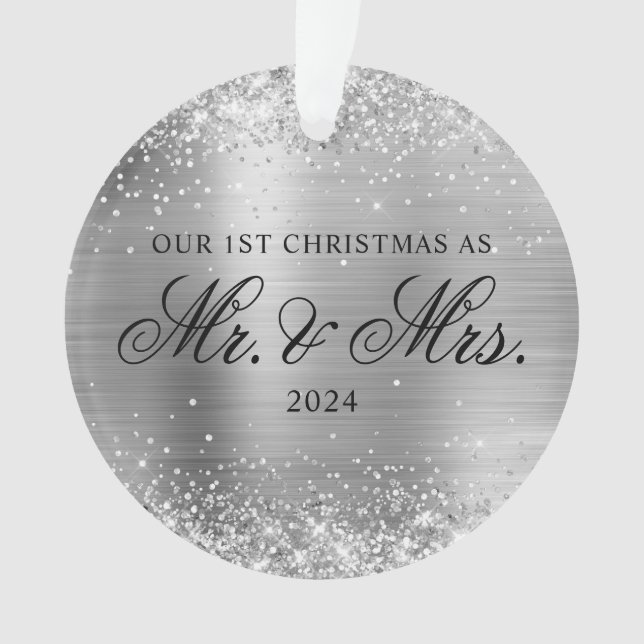 Glittery Silver Foil Unser 1. Weihnachtsfest Foto Ornament (Vorderseite)