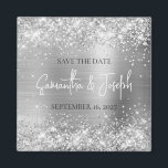 Glittery Silver Foil Wedding Save the Date Magnet<br><div class="desc">Erstellen Sie Ihren eigenen Magneten aus Save the Date Foto mit Braut und Bräutigam Name und Hochzeitstermin. Der Hintergrund zeichnet sich durch einen künstlerisch silbernen Glitzer und silbergraue metallische Ober-Folie aus, die wie ein Foto gedruckt wird. Passen Sie die Größe des Schriftartes an, wie es für längere oder kürzere Namen...</div>