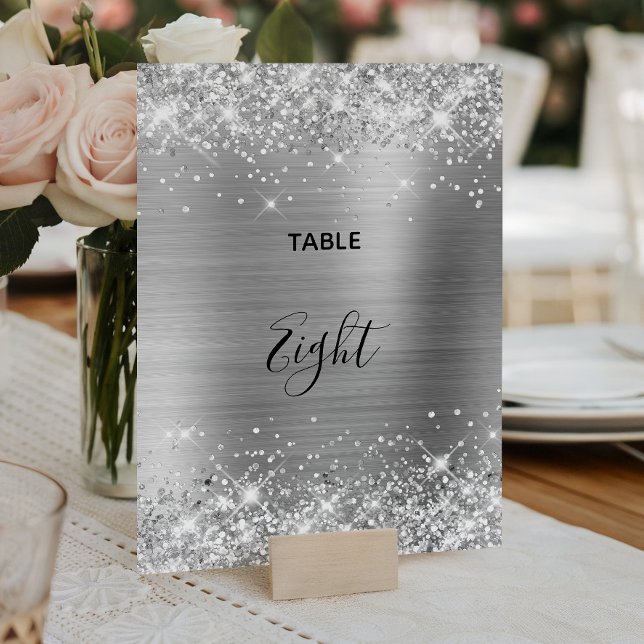 Glittery Silver Foil Wedding Tischnummer 12x18 Car (Glittery Silver Foil Wedding Table Number 5x7 Card)