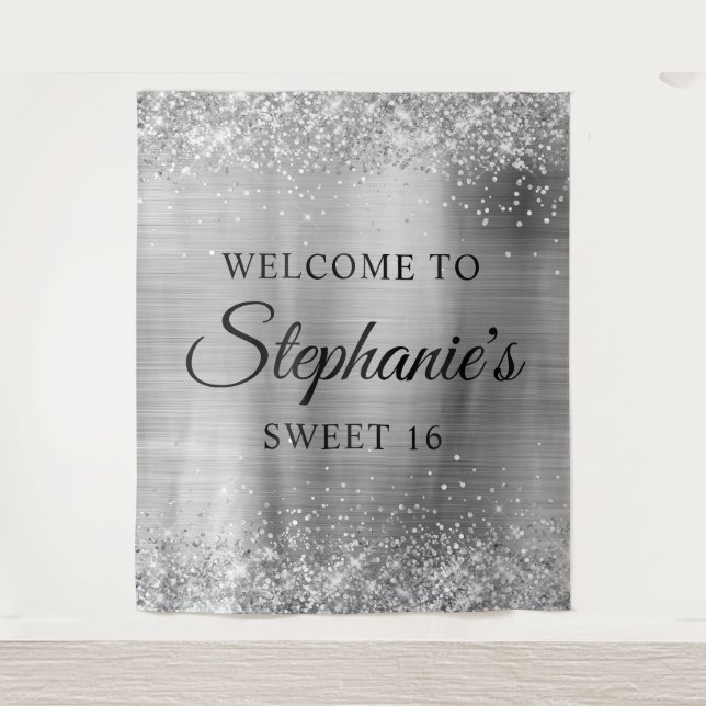 Glittery Silver Foil Willkommen in Sweet 16 Wandteppich (Vorderseite)