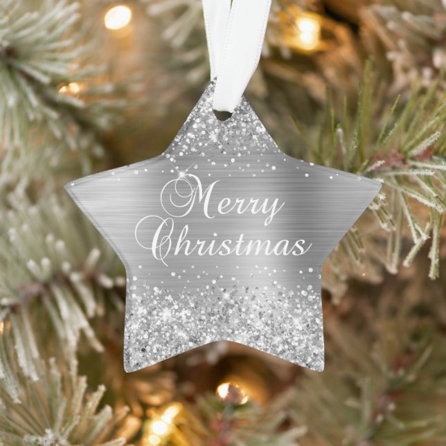 Glittery Silver Frohe Weihnachten Ornament (Baum)