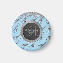 Glittery Silver Giraffe on Dreamy Blue Monogram Magnet