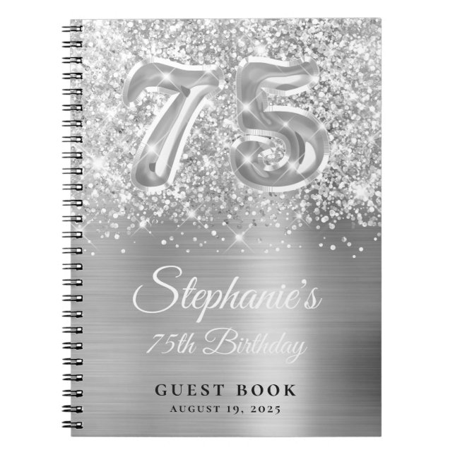 Glittery Silver Glam 75th Birthday Guestbook Notizblock (Vorderseite)