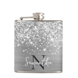 Glittery Silver Glam Mit Monogramm Flachmann
