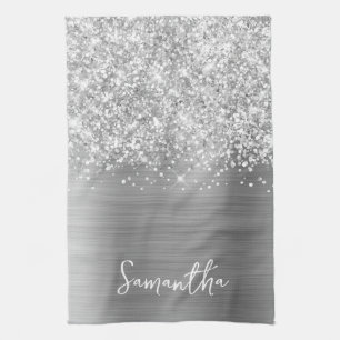 Glittery Silver Glam Name Geschirrtuch