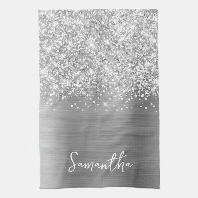 Glittery Silver Glam Name Geschirrtuch (Vertikal)