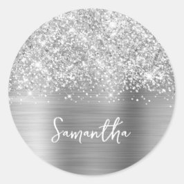 Glittery Silver Glam Name Runder Aufkleber