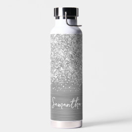 Glittery Silver Glam Name Trinkflasche