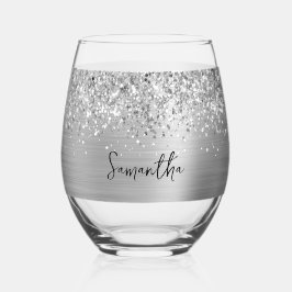 Glittery Silver Glam Name Weinglas Ohne Stiel