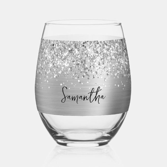 Glittery Silver Glam Name Weinglas Ohne Stiel (Vorderseite)