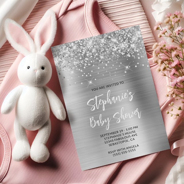 Glittery Silver Glam Online Registry Baby Dusche Einladung (Glittery Silver Glam Online Registry Baby Shower Invitation)