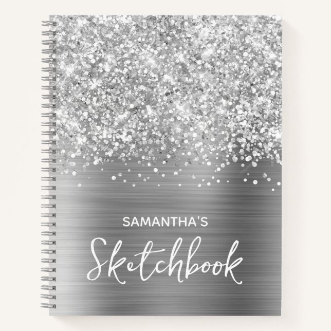 Glittery Silver Glam Sketchbook mit Name Notizbuch (Vorderseite)