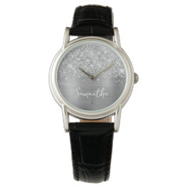 Glittery Silver Glam Weißer Name Armbanduhr