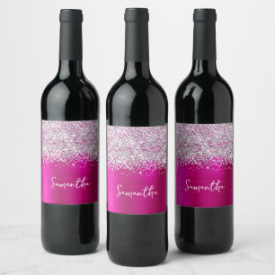 Glittery Silver Hot Pink Glam Script Name Weinetikett
