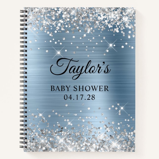 Glittery Silver Light Blue Foil Babydusche Notizbuch (Vorderseite)
