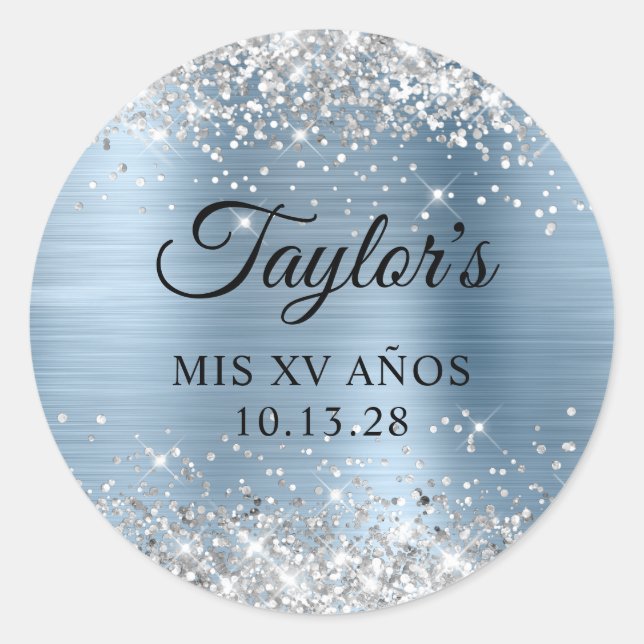 Glittery Silver Light Blue Foil Mis XV Anos Runder Aufkleber (Vorderseite)