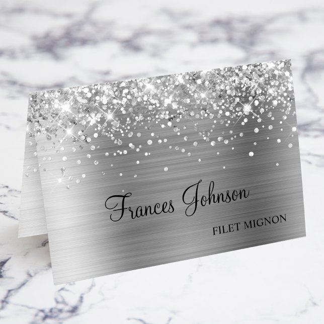 Glittery Silver Meal Choice Name Platzkarten Tischnummer (Glittery Silver Meal Choice Name Place Cards)