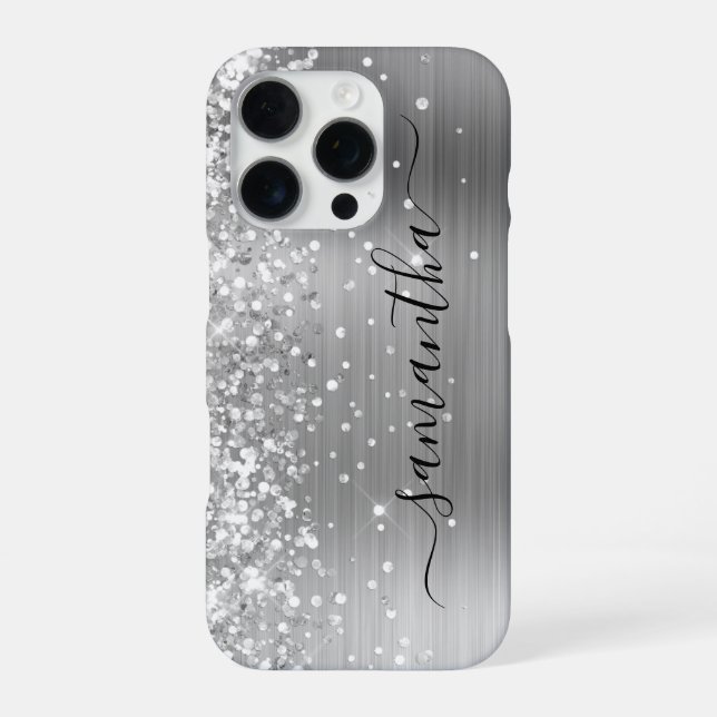 Glittery Silver Metallic Girly Signature iPhone 16 Pro Hülle (Rückseite)