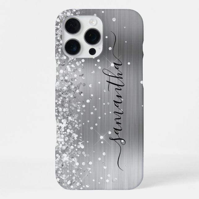 Glittery Silver Metallic Girly Signature iPhone 16 Pro Max Hülle (Rückseite)