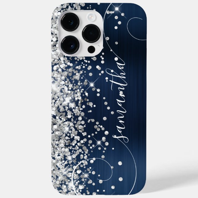Glittery Silver Navy Blue Glam Curly Signature Case-Mate iPhone 14 Pro Max Hülle (Rückseite)