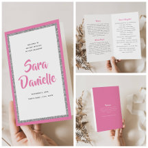 Glittery Silver & Pink Bat Mitzvah Faltprogramm
