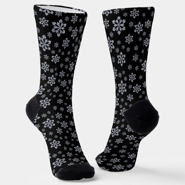 Glittery Silver Snowflake Muster auf schwarz Socken (Gewinkelt)