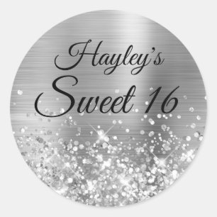 Glittery Silver Sweet 16 Runder Aufkleber