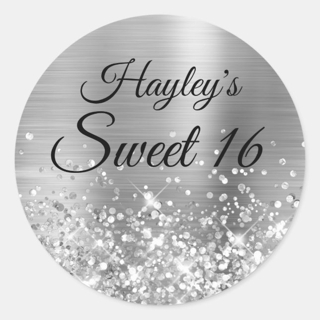 Glittery Silver Sweet 16 Runder Aufkleber (Vorderseite)