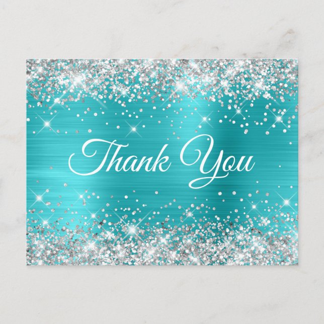 Glittery Silver Türkise Blue Sweet 16 Danke Postkarte (Vorderseite)