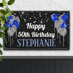 Glittery Silver und Blue Happy Birthday Banner