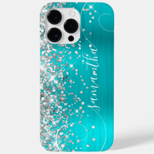 Glittery Silver und Türkis Blue Curly Signature Case-Mate iPhone 14 Pro Max Hülle