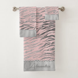 Glittery Silver Zebra Print on Pink Personalisiert Badhandtuch Set
