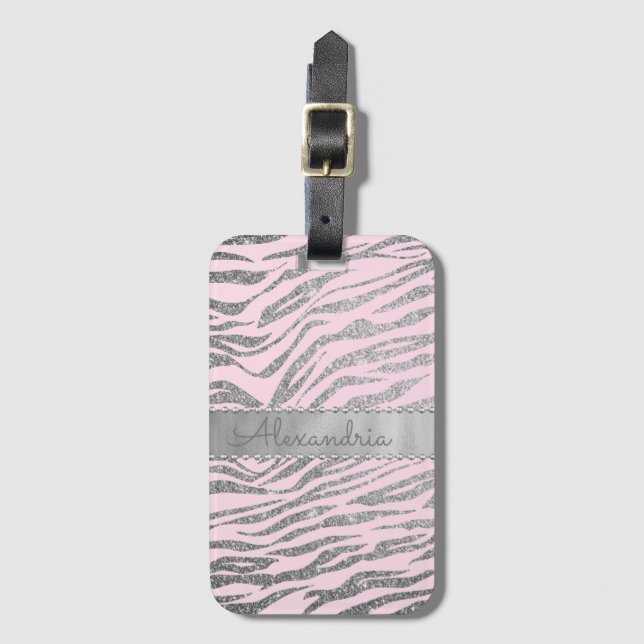 Glittery Silver Zebra Print on Pink Personalisiert Gepäckanhänger (Vorderseite Vertikal)