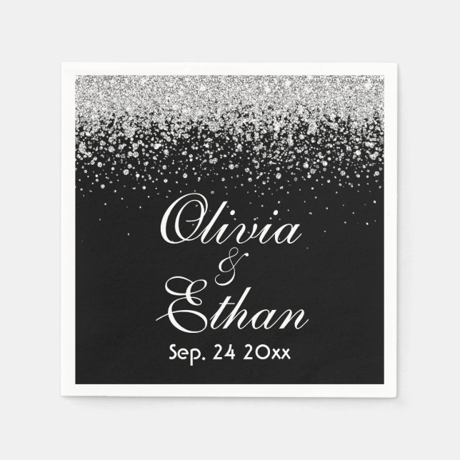Glittery Sliver auf Mitternachtschwarz Serviette (Vorderseite)