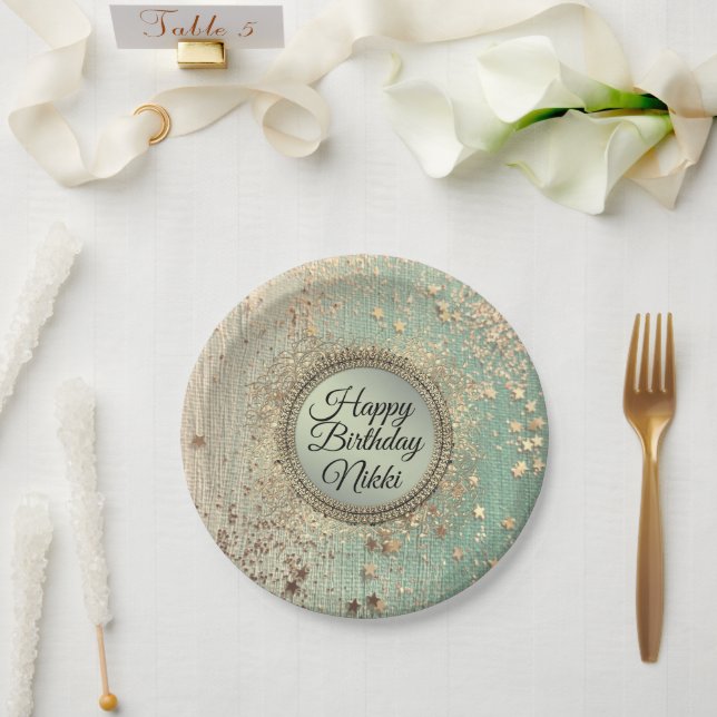 Glittery Stardust auf Green Aquamarin Birthday Cus Pappteller (Hochzeit)