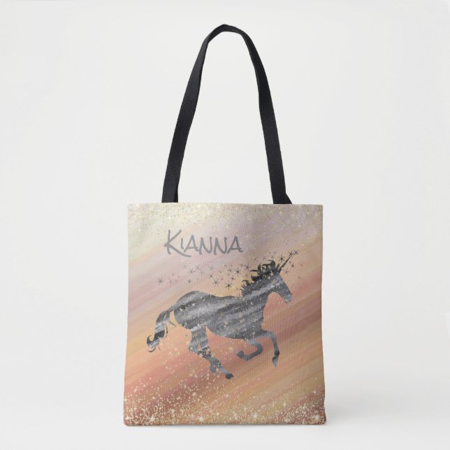 Glittery Starry Unicorn Whimsical Personalisiert Tasche (Vorderseite)