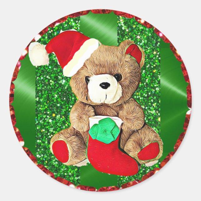 Glittery Teddy Bear Weihnachtsaufkleber Runder Aufkleber (Vorderseite)