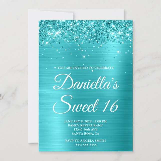 Glittery Türkise Blue Metallic Sweet 16 Einladung (Vorderseite)