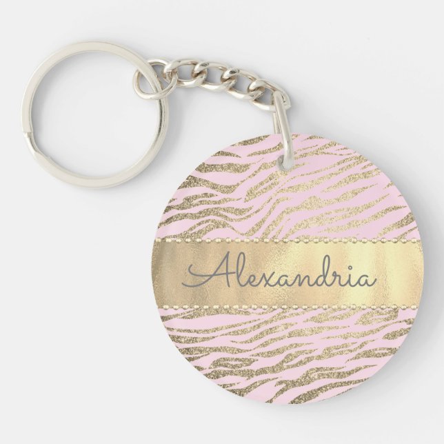 Glittery Zebra Print on Pink Blush Personalisiert Schlüsselanhänger (Vorderseite)