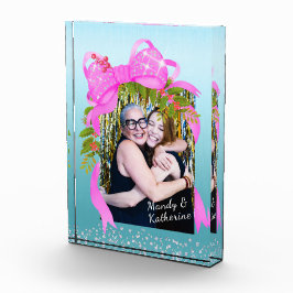 Glitting Pink Ribbon Christmas Blue Fotoblock