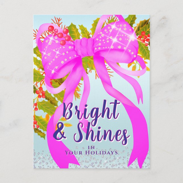 Glitting Pink Ribbon Christmas Blue Postkarte (Vorderseite)