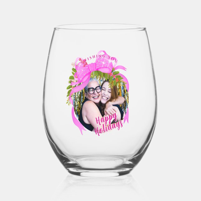 Glitting Pink Ribbon Christmas Blue Weinglas Ohne Stiel (Vorderseite)